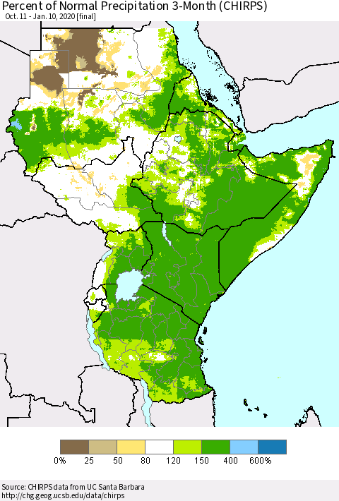 Eastern Africa Percent of Normal Precipitation 3-Month (CHIRPS) Thematic Map For 10/11/2019 - 1/10/2020