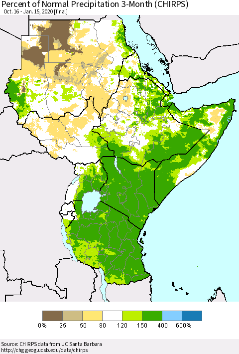 Eastern Africa Percent of Normal Precipitation 3-Month (CHIRPS) Thematic Map For 10/16/2019 - 1/15/2020