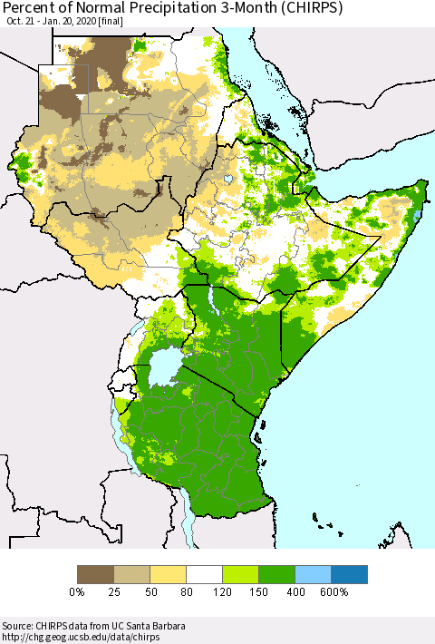 Eastern Africa Percent of Normal Precipitation 3-Month (CHIRPS) Thematic Map For 10/21/2019 - 1/20/2020