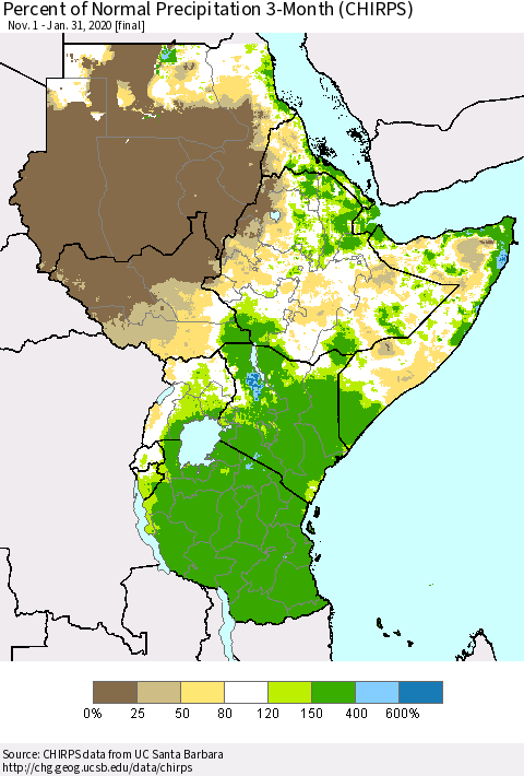 Eastern Africa Percent of Normal Precipitation 3-Month (CHIRPS) Thematic Map For 11/1/2019 - 1/31/2020