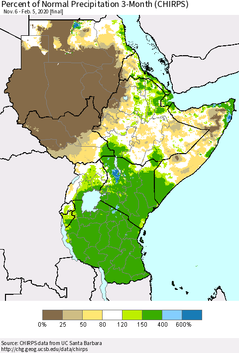 Eastern Africa Percent of Normal Precipitation 3-Month (CHIRPS) Thematic Map For 11/6/2019 - 2/5/2020