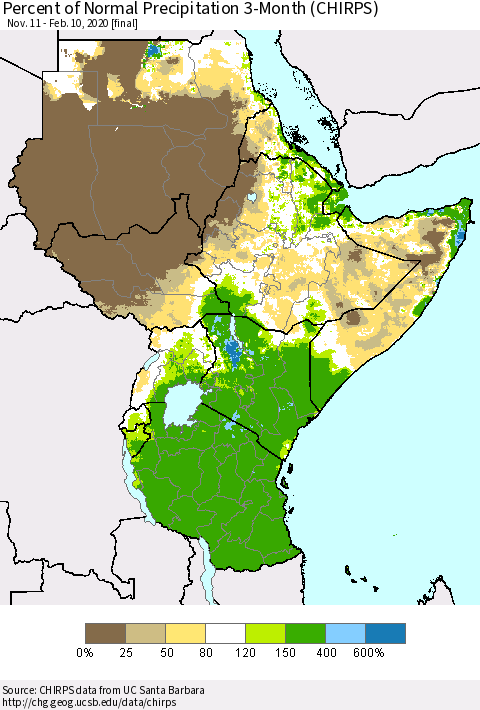 Eastern Africa Percent of Normal Precipitation 3-Month (CHIRPS) Thematic Map For 11/11/2019 - 2/10/2020