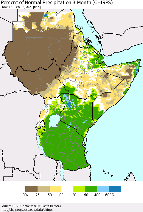 Eastern Africa Percent of Normal Precipitation 3-Month (CHIRPS) Thematic Map For 11/16/2019 - 2/15/2020