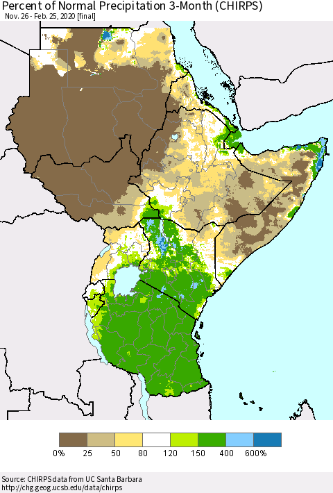 Eastern Africa Percent of Normal Precipitation 3-Month (CHIRPS) Thematic Map For 11/26/2019 - 2/25/2020