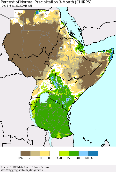 Eastern Africa Percent of Normal Precipitation 3-Month (CHIRPS) Thematic Map For 12/1/2019 - 2/29/2020