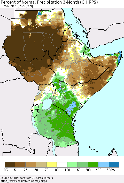 Eastern Africa Percent of Normal Precipitation 3-Month (CHIRPS) Thematic Map For 12/6/2019 - 3/5/2020