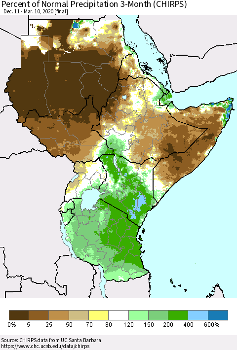 Eastern Africa Percent of Normal Precipitation 3-Month (CHIRPS) Thematic Map For 12/11/2019 - 3/10/2020