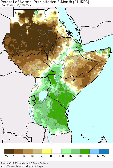 Eastern Africa Percent of Normal Precipitation 3-Month (CHIRPS) Thematic Map For 12/21/2019 - 3/20/2020