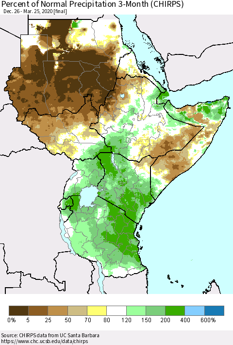 Eastern Africa Percent of Normal Precipitation 3-Month (CHIRPS) Thematic Map For 12/26/2019 - 3/25/2020