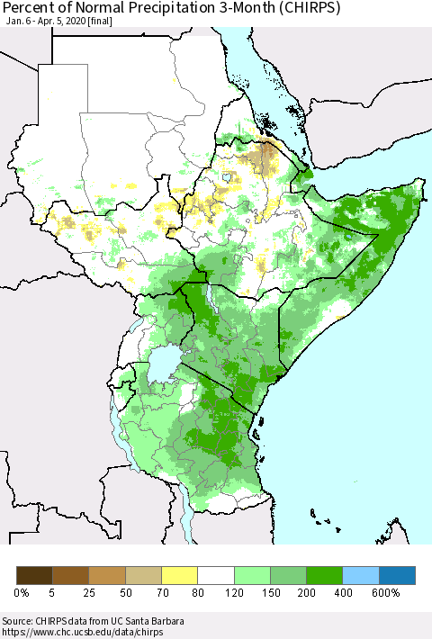 Eastern Africa Percent of Normal Precipitation 3-Month (CHIRPS) Thematic Map For 1/6/2020 - 4/5/2020