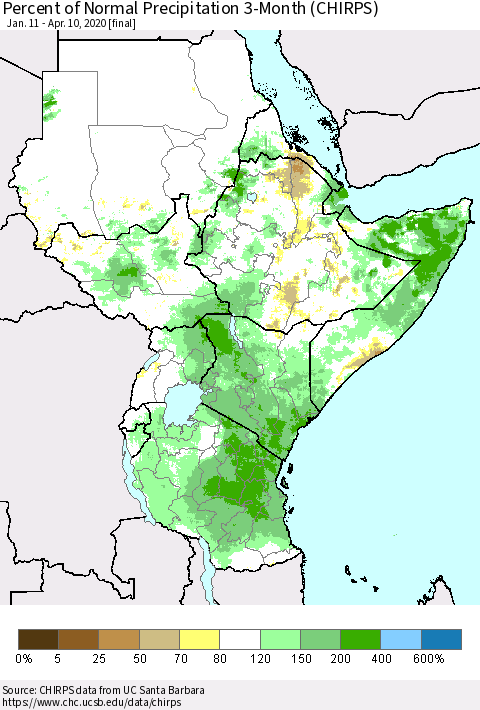Eastern Africa Percent of Normal Precipitation 3-Month (CHIRPS) Thematic Map For 1/11/2020 - 4/10/2020