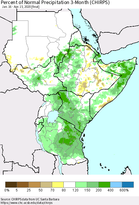 Eastern Africa Percent of Normal Precipitation 3-Month (CHIRPS) Thematic Map For 1/16/2020 - 4/15/2020