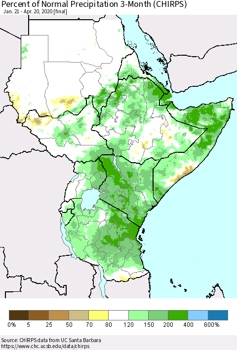 Eastern Africa Percent of Normal Precipitation 3-Month (CHIRPS) Thematic Map For 1/21/2020 - 4/20/2020