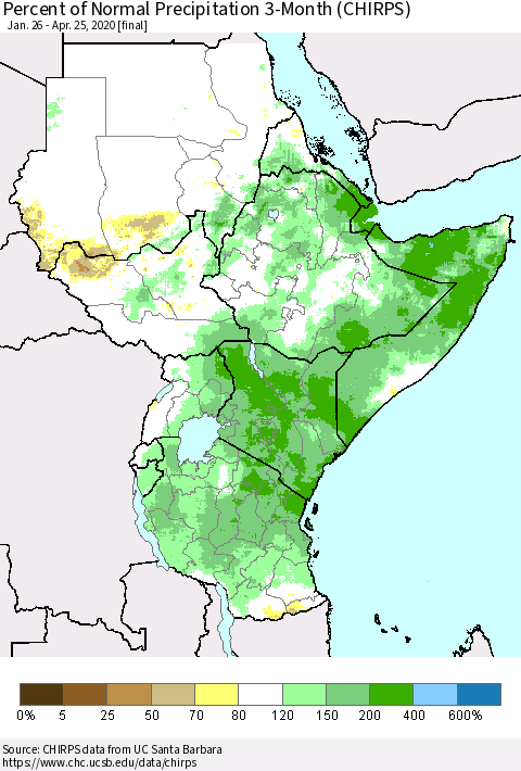 Eastern Africa Percent of Normal Precipitation 3-Month (CHIRPS) Thematic Map For 1/26/2020 - 4/25/2020