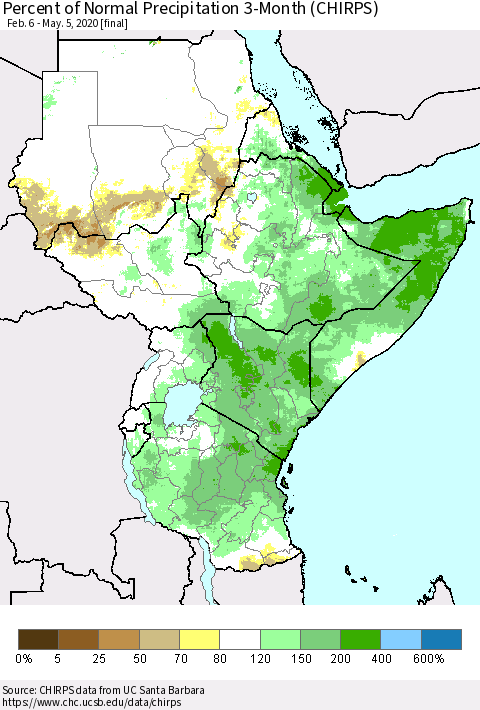 Eastern Africa Percent of Normal Precipitation 3-Month (CHIRPS) Thematic Map For 2/6/2020 - 5/5/2020