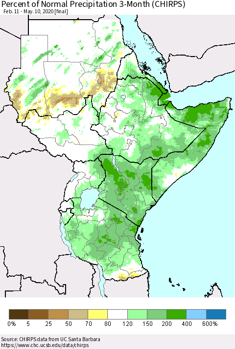 Eastern Africa Percent of Normal Precipitation 3-Month (CHIRPS) Thematic Map For 2/11/2020 - 5/10/2020