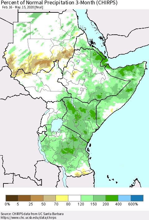 Eastern Africa Percent of Normal Precipitation 3-Month (CHIRPS) Thematic Map For 2/16/2020 - 5/15/2020