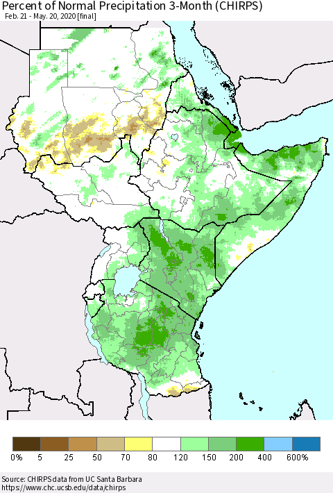 Eastern Africa Percent of Normal Precipitation 3-Month (CHIRPS) Thematic Map For 2/21/2020 - 5/20/2020