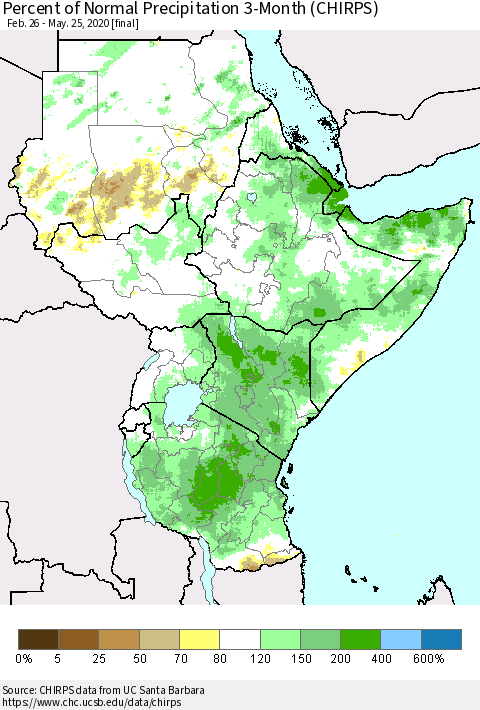 Eastern Africa Percent of Normal Precipitation 3-Month (CHIRPS) Thematic Map For 2/26/2020 - 5/25/2020