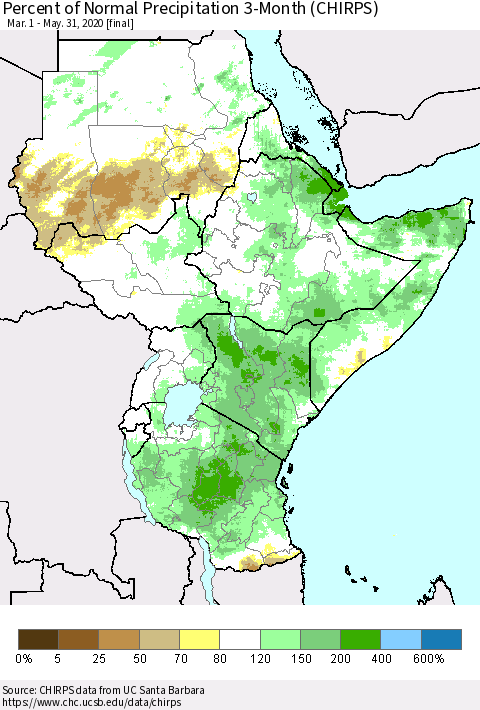Eastern Africa Percent of Normal Precipitation 3-Month (CHIRPS) Thematic Map For 3/1/2020 - 5/31/2020