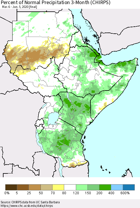 Eastern Africa Percent of Normal Precipitation 3-Month (CHIRPS) Thematic Map For 3/6/2020 - 6/5/2020