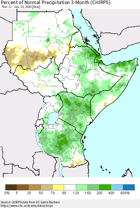 Eastern Africa Percent of Normal Precipitation 3-Month (CHIRPS) Thematic Map For 3/11/2020 - 6/10/2020