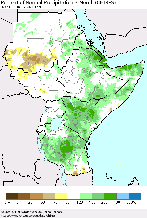 Eastern Africa Percent of Normal Precipitation 3-Month (CHIRPS) Thematic Map For 3/16/2020 - 6/15/2020