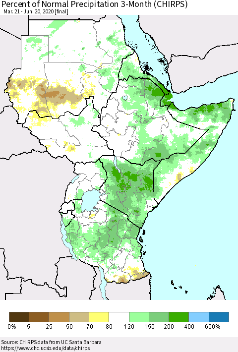 Eastern Africa Percent of Normal Precipitation 3-Month (CHIRPS) Thematic Map For 3/21/2020 - 6/20/2020