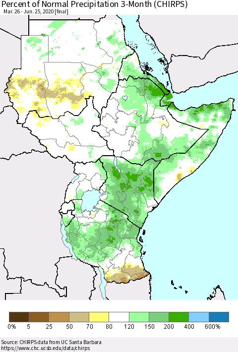 Eastern Africa Percent of Normal Precipitation 3-Month (CHIRPS) Thematic Map For 3/26/2020 - 6/25/2020
