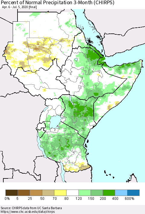 Eastern Africa Percent of Normal Precipitation 3-Month (CHIRPS) Thematic Map For 4/6/2020 - 7/5/2020