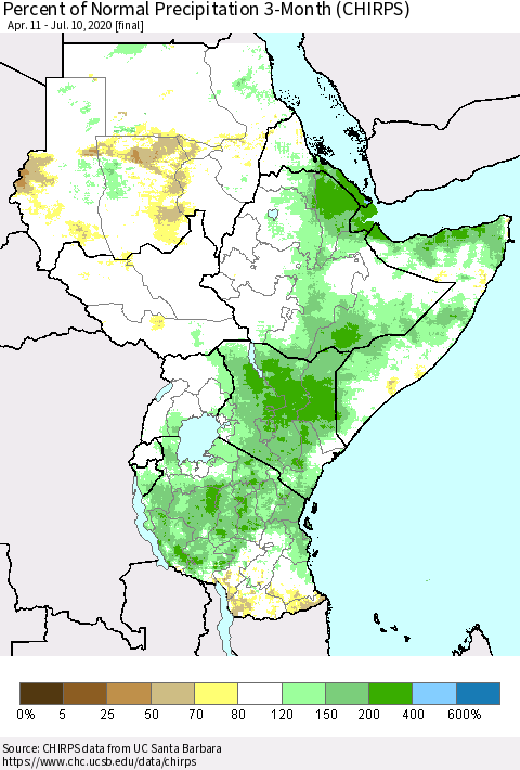 Eastern Africa Percent of Normal Precipitation 3-Month (CHIRPS) Thematic Map For 4/11/2020 - 7/10/2020