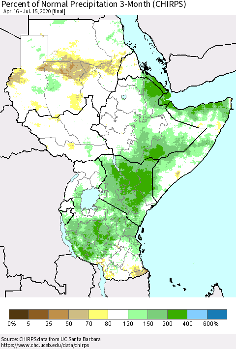 Eastern Africa Percent of Normal Precipitation 3-Month (CHIRPS) Thematic Map For 4/16/2020 - 7/15/2020