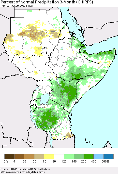Eastern Africa Percent of Normal Precipitation 3-Month (CHIRPS) Thematic Map For 4/21/2020 - 7/20/2020