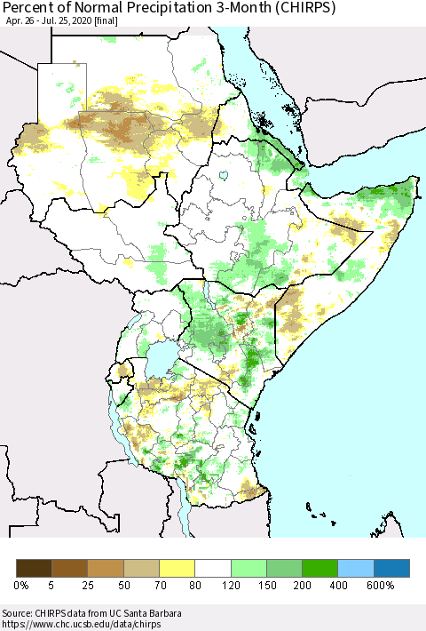 Eastern Africa Percent of Normal Precipitation 3-Month (CHIRPS) Thematic Map For 4/26/2020 - 7/25/2020