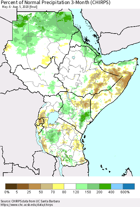 Eastern Africa Percent of Normal Precipitation 3-Month (CHIRPS) Thematic Map For 5/6/2020 - 8/5/2020