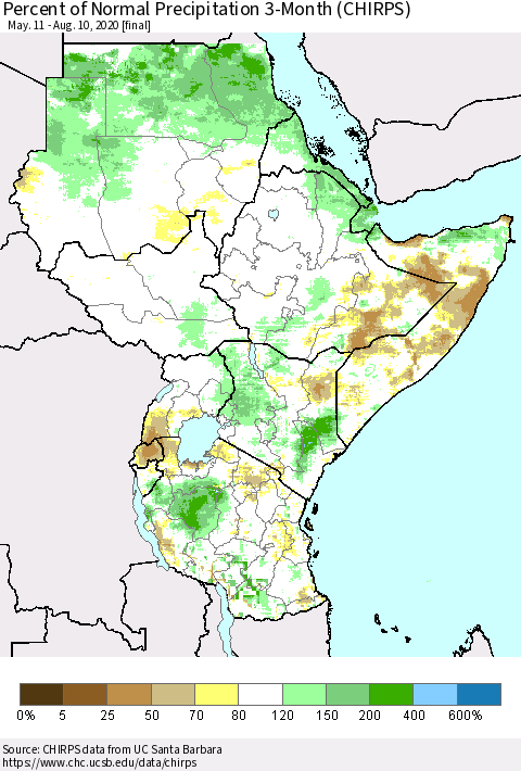 Eastern Africa Percent of Normal Precipitation 3-Month (CHIRPS) Thematic Map For 5/11/2020 - 8/10/2020