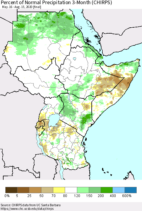 Eastern Africa Percent of Normal Precipitation 3-Month (CHIRPS) Thematic Map For 5/16/2020 - 8/15/2020