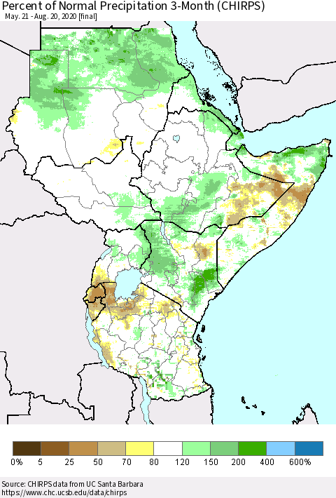 Eastern Africa Percent of Normal Precipitation 3-Month (CHIRPS) Thematic Map For 5/21/2020 - 8/20/2020