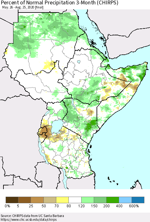 Eastern Africa Percent of Normal Precipitation 3-Month (CHIRPS) Thematic Map For 5/26/2020 - 8/25/2020