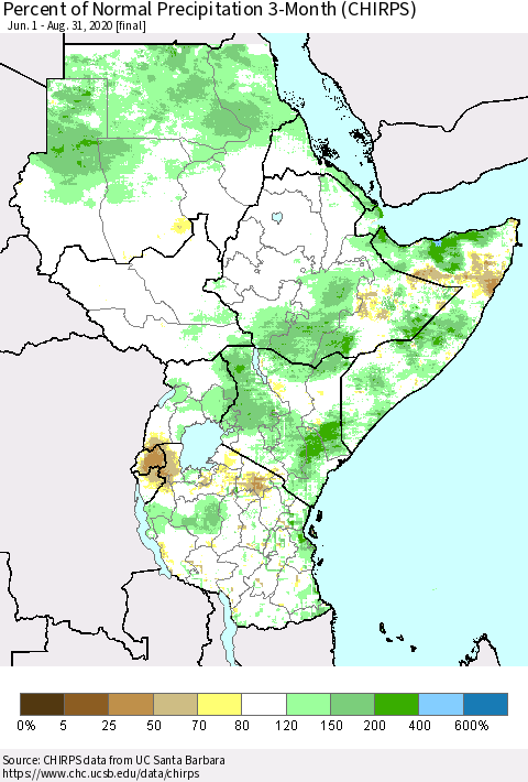Eastern Africa Percent of Normal Precipitation 3-Month (CHIRPS) Thematic Map For 6/1/2020 - 8/31/2020