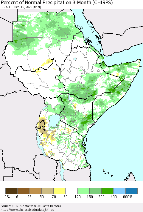 Eastern Africa Percent of Normal Precipitation 3-Month (CHIRPS) Thematic Map For 6/11/2020 - 9/10/2020