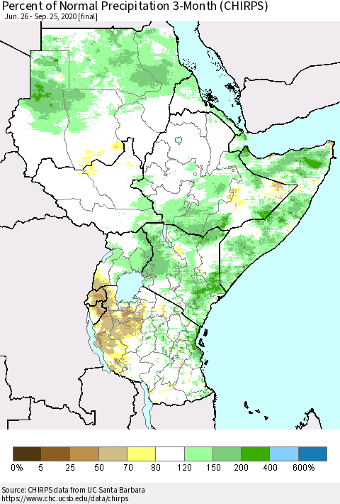 Eastern Africa Percent of Normal Precipitation 3-Month (CHIRPS) Thematic Map For 6/26/2020 - 9/25/2020
