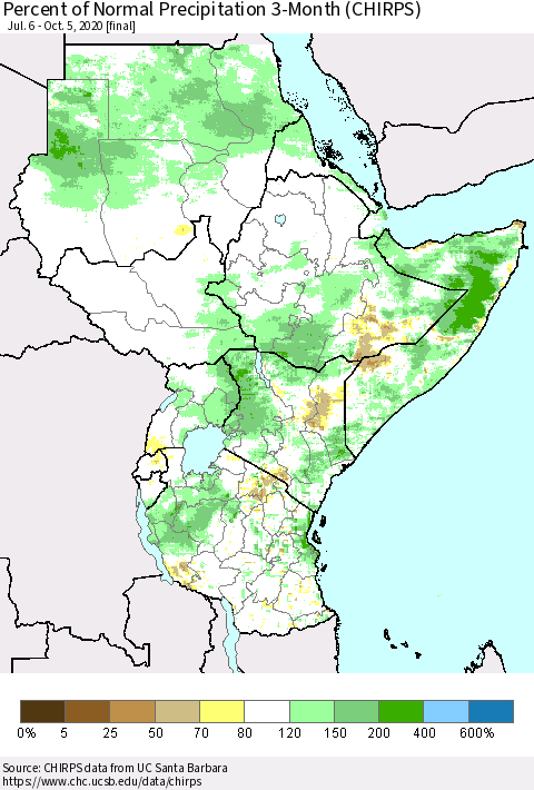 Eastern Africa Percent of Normal Precipitation 3-Month (CHIRPS) Thematic Map For 7/6/2020 - 10/5/2020