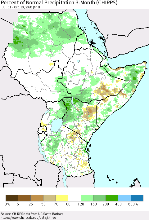 Eastern Africa Percent of Normal Precipitation 3-Month (CHIRPS) Thematic Map For 7/11/2020 - 10/10/2020