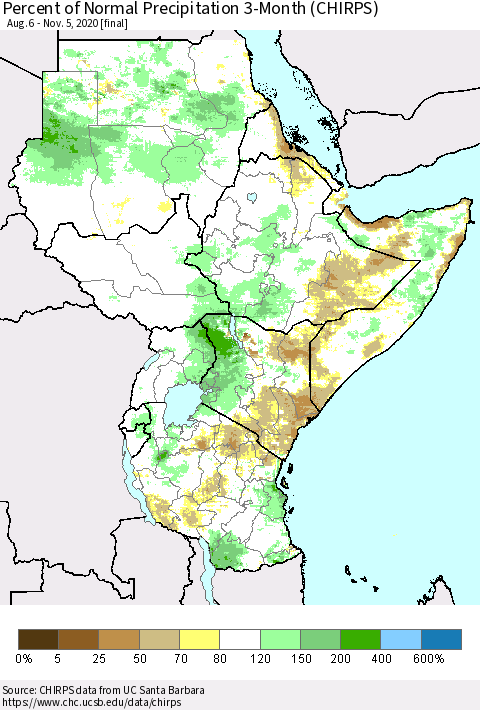 Eastern Africa Percent of Normal Precipitation 3-Month (CHIRPS) Thematic Map For 8/6/2020 - 11/5/2020