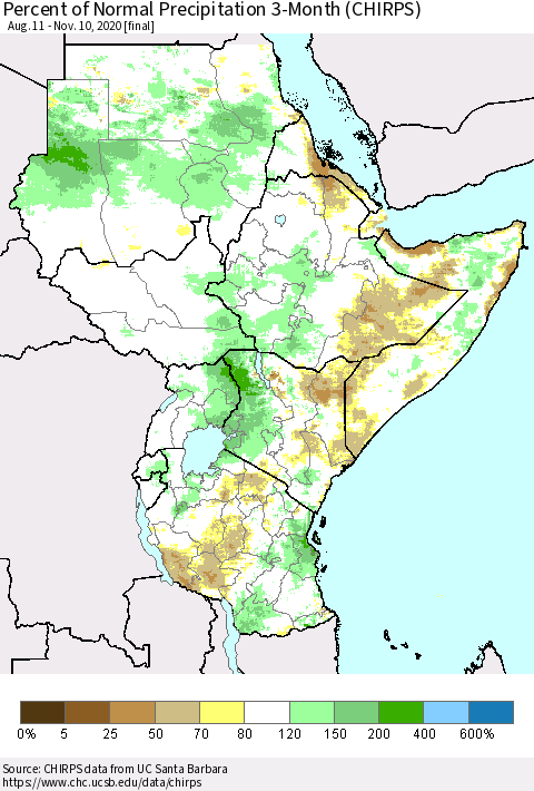 Eastern Africa Percent of Normal Precipitation 3-Month (CHIRPS) Thematic Map For 8/11/2020 - 11/10/2020