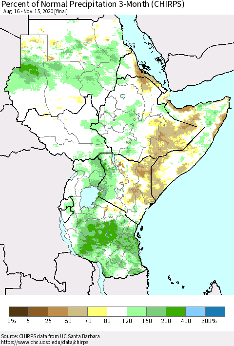 Eastern Africa Percent of Normal Precipitation 3-Month (CHIRPS) Thematic Map For 8/16/2020 - 11/15/2020