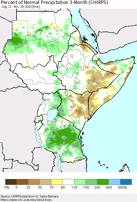 Eastern Africa Percent of Normal Precipitation 3-Month (CHIRPS) Thematic Map For 8/21/2020 - 11/20/2020