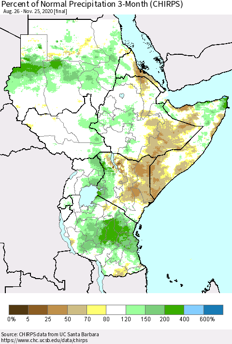 Eastern Africa Percent of Normal Precipitation 3-Month (CHIRPS) Thematic Map For 8/26/2020 - 11/25/2020