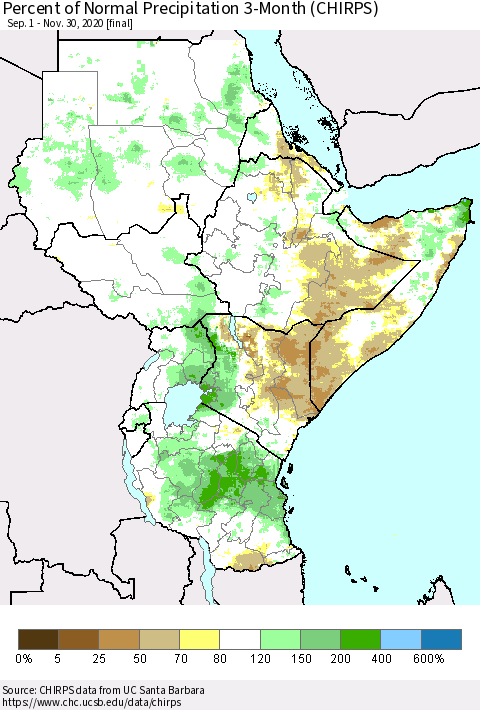 Eastern Africa Percent of Normal Precipitation 3-Month (CHIRPS) Thematic Map For 9/1/2020 - 11/30/2020